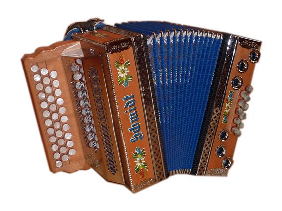 gebrauchte Schmidt Harmonika kaufen, Erle mit Bauernmalerei, Balg Blau, Beschläge Chrom